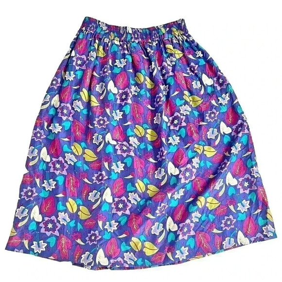Vintage 80’/90’s 100% Silk Bright Floral Retro Midi Skirt A-line Women’s Size 10 - Picture 2 of 16
